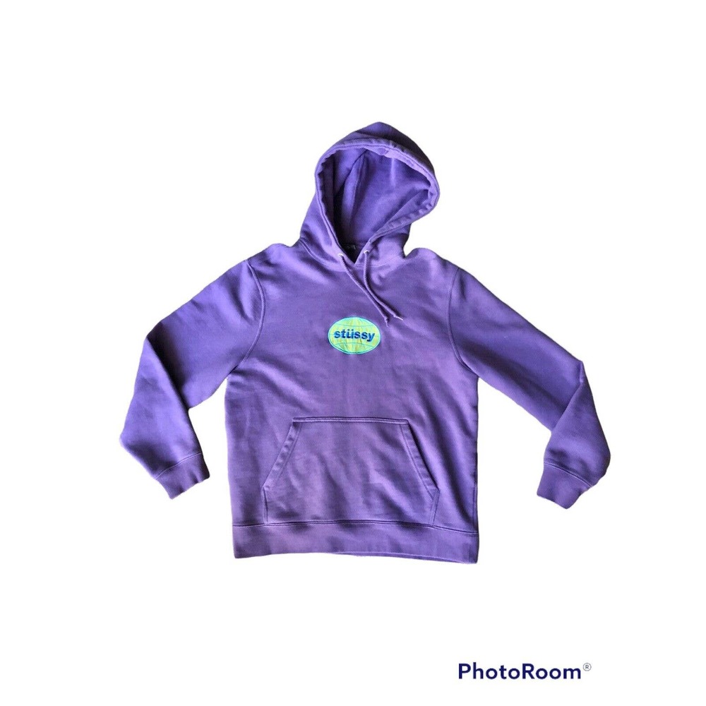 Mens Stussy Embroidered Spellout Logo Globe Hoodie Sweatshirt Purple Size Small